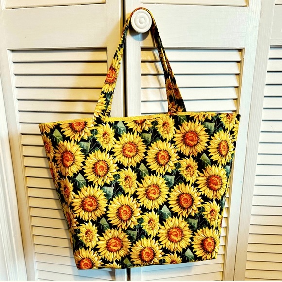 Hand Crafted Handbags - Handmade Tote Bag Colorful Sunflowers Fabric All Purpose Carry Shoulder Purse